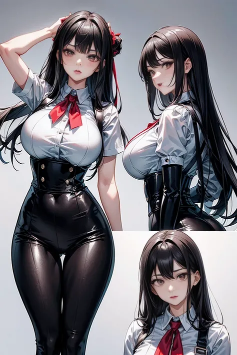  Yumeko out of crazy excitement in a white tight shirt and black tight pants with suspenders .  black long straight hair ,  brown eye , high arched eyebrows, Thin and graceful neck, red lips,  big breasts, black tight pants with suspenders , heels， practic...