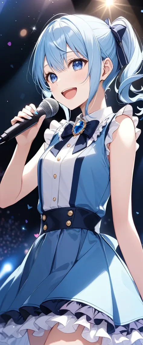  best quality、 absurd、 1 girl、Alone、Hoshimachi Suisei、 light blue hair、blue eyes、happiness、smile、Open lips、thin、Side Lock、 side ponytails 、Tightening、 Idol、Idol服、ホロライブIdolユニフォーム、Bow tie、  blue skirt  、brooch、dress、 frill skirt、Im singing on my microphone 、