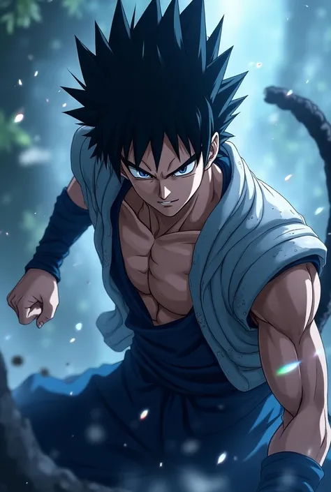 a muscular Sasuke Uchiha with the Super Saiyan God transformation spiky, ,  ultra detailed face, blue eyes piercing, sharp jaw, powerful expression, epic anime style,  dramatic lighting , film composition, 8k, photorealistic, dramatic colors, Vibrant atmos...