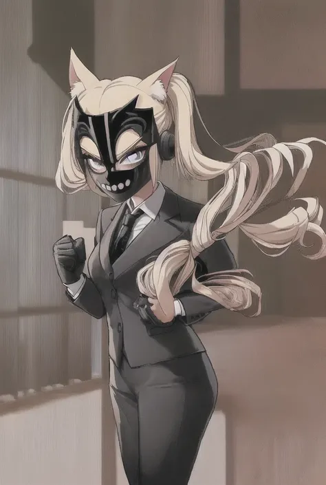  Pro Wrestling Mask ,smile、Detective、One Girl,cat ears,blonde, twin tails,Black Suit,tie, At the office,boss,beautiful,, Leather Handbag ,looking ahead,president&#39;s Office,Drink coffee,smile, sit on a chair,Put on a ball mask,