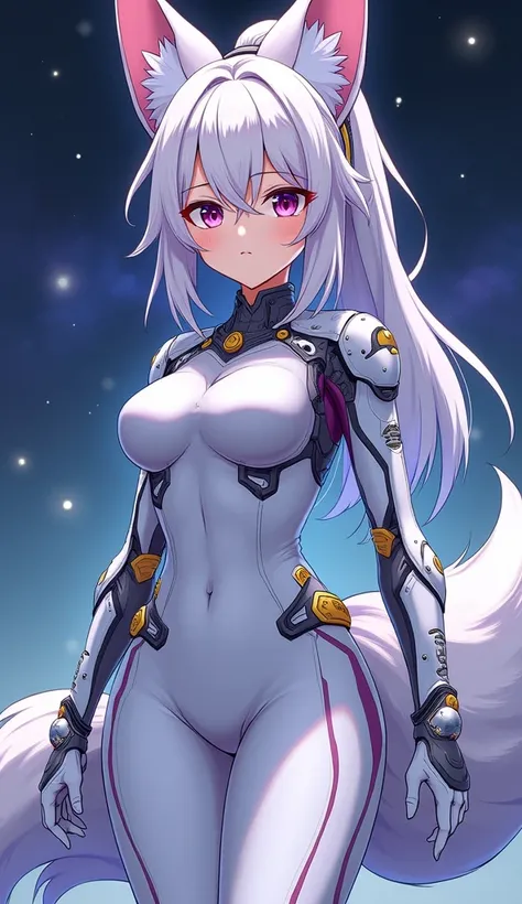 1girl, fox girl, two medium tails, white long hair gathered in a ponytail, dark purple inner hair, full body, white sulk  sci-fi...