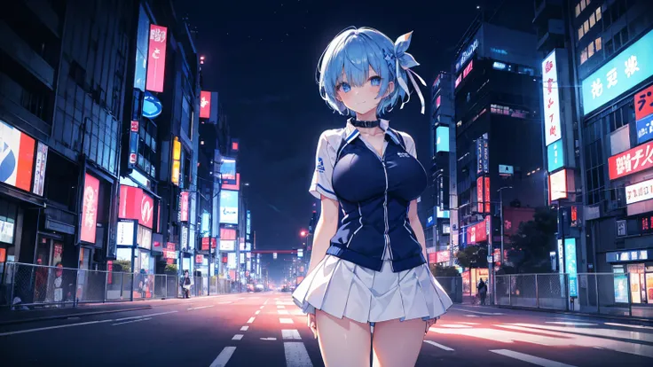  Masterpiece ,  Best quality , 1 girl, blue eyes, blue hair, hair ornament, hair over one eye, hair ribbon, short hair, [smile], ( big breasts), Standing on the road, (collar),  Tennis uniform, White miniskirt , Front Angle,  in standing ,  night city , Ne...