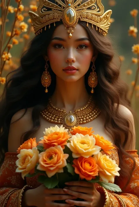 A realistic  with big dark brown Lucious wavy hair dressed as flower girl holding a bouquet wearing a golden headdress, a super thick necklace with an extremely large gem hanging from it, clothes that are also glittering with gold. Huge golden earrings ado...