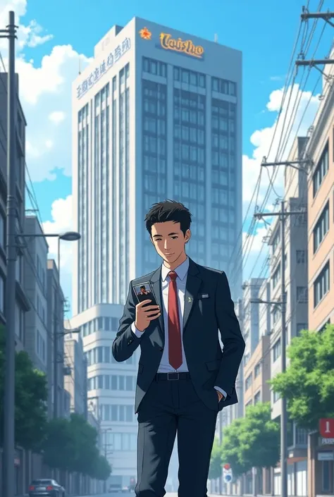  man is walking with his smartphone。The location is Takadanobaba 。 The smartphone is connected to an online meeting app and the 、 Another man is walking in it 。 in front of you 「 Taisho Pharmaceutical Co., Ltd. 」 where the headquarters building is 。