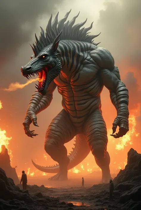 Very big zebra hybrid with scary dragon with fire background 