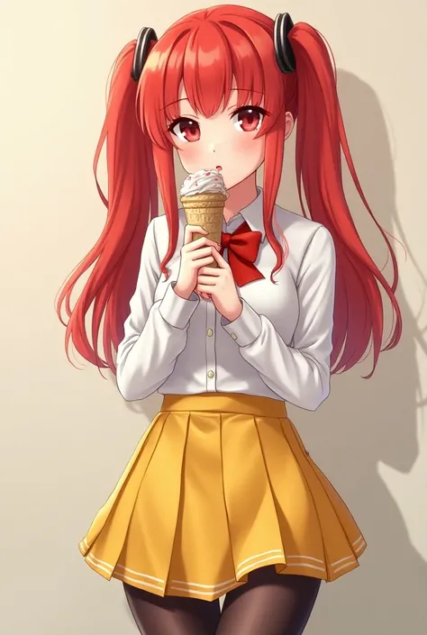 ((best quality)), ((masterpiece)), (detailed), perfect face, 1girl, red hair, twin tail, red eyes, School uniforms, Holding ice cream, Yellow short skirt, stockings.