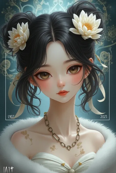 (masterpiece, top quality, Best Quality, official art, beautiful and aesthetic:1.2), (1 girl:1.3), (fractal art:1.3), card, Tarot, white fur, twin ponitails, hair flower, (good lighting:1.1), ((High resolution)), Tarot card styleRibbon, Hair Ornament, 