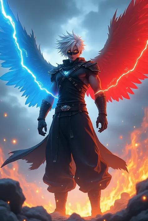 A anime character using lightning and fire power he is flying his right hand control lightning power and his left hand control fire power he had wings his right wings is blue colour and left wing is red colour his eyes left eye release blue aura and his le...