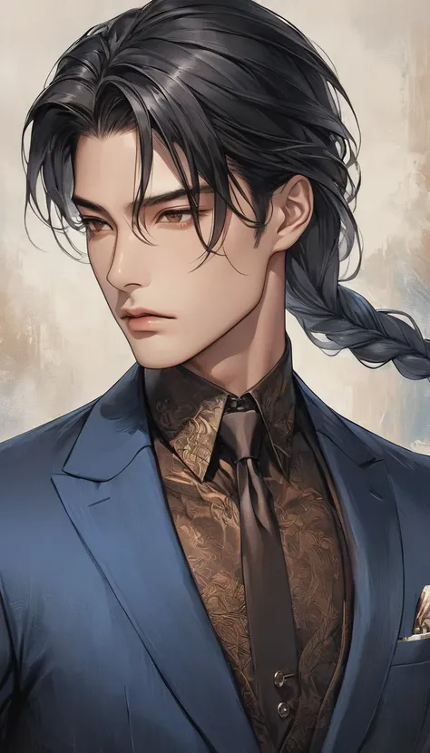 A close-up, semi-realistic anime-style view of a mature man, aged 28, with a perfectly symmetrical face. He has long, sleek black hair tied in a long single braid down his back, with loose strands softly framing his sharp, well-defined features. His skin i...