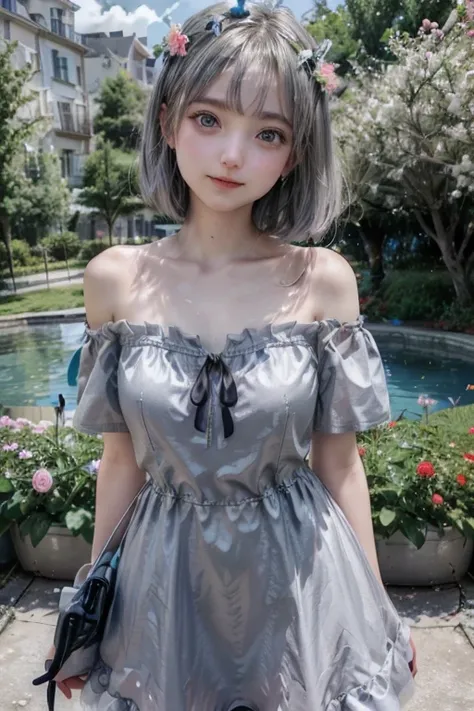 One young beautiful girl、(round face)(Big eyes、Droopy eyes、Blue Eyes), (Laugh with your mouth slightly open)、(Platinum silver hair、Straight short bob hair), ( Scenery full of flowers、 Light shining through the sky ,  colorful flowers surround the girl)、 pi...