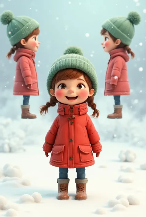 A character illustration and a sheet model of it from different angles of the character (front view, back view, profile and three sides)a young girl wearing a red coat and a green hat. She appears to be standing in the snow, possibly enjoying a winter day....