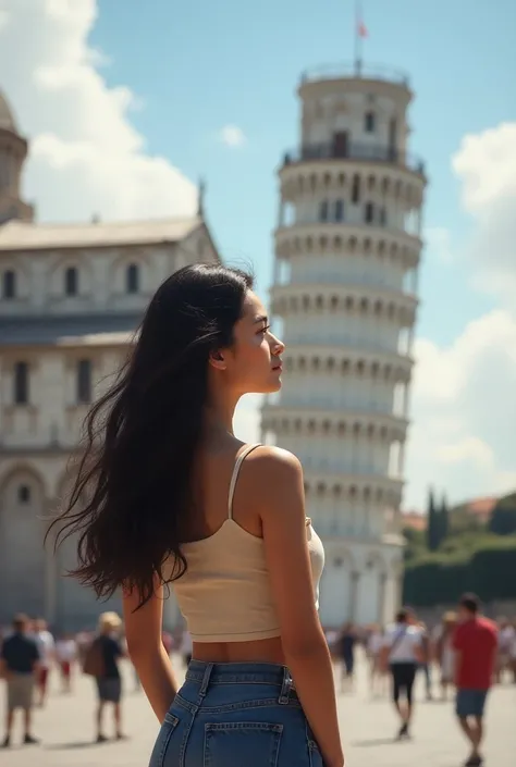  Create a girl of 1.75 high , white skin,  long black hair, Brown eyes, Wide hips,  small waist , Long hair in casual clothes admiring the pizza tower in Rome 