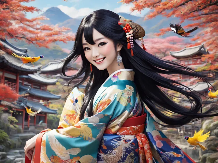  fantasy、 anthropomorphic pheasant in Momotaros world、 An Extraordinary Beauty 、Kimono flutters in the wind 、Long black hair、Look at the camera and smile slightly 