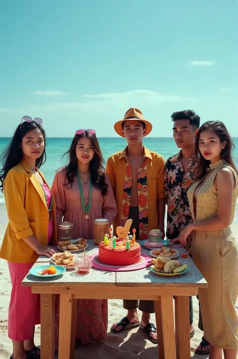 Portrait of 3 young Indonesian women and 4 young Indonesian men wearing old 80s clothes standing by the beach in front of a table with tarnya cake