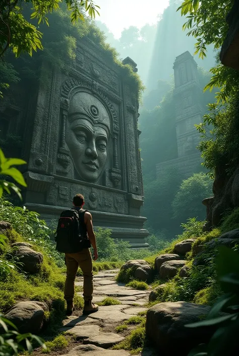 an archeologist discovering glyphs on a wall covered with greenery, wall carvings resemble Lord Shiva face, lush tropical jungle, huge ancient architecture, ancient ruins, intricate details, ancient artifacts, 8k, ultra-detailed, realistic, photorealistic,...