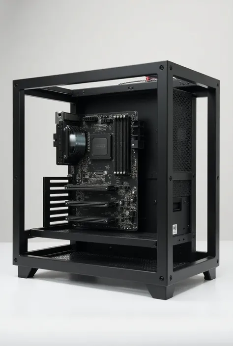 Design for a Matx motherboard fully open frame 
computer case, motherboard diameter 9"×7.9", with ATX power supply 

Creat a picture in simple designs 