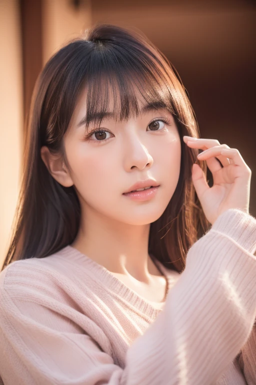 a beautiful young japanese woman, looking directly at the camera, with her arms raised above her head, wearing a fashionable casual outfit, extremely detailed face, beautiful eyes, soft lips, long eyelashes, elegant pose, warm and inviting lighting, pastel...