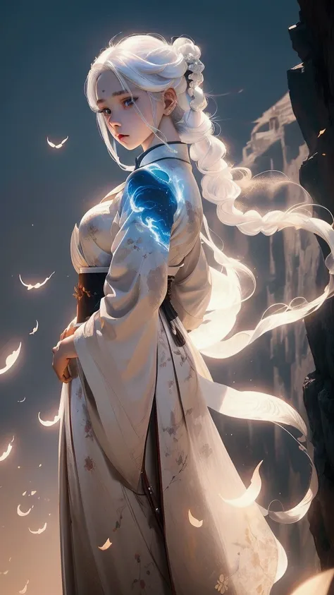 Young woman,White hair,White hanfu dress , standing looking at the moon on the cliff, High Resolution ,  Masterpiece ,  Movie Lighting , Glow,  blue eyes , 