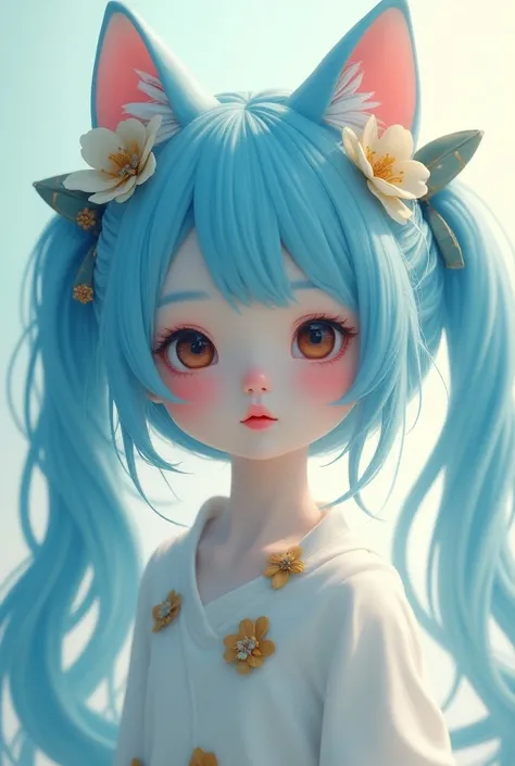 a girl with rosy cheeks, sweet smile, bangs, blue hair, hair accessory, ribbon, animal ears, twin tails, very long hair, hair ribbon, hair bow, hair flower, split lips, cat ears, floral hair, multiple views, shallow depth of field, abstract, minimalism, ab...