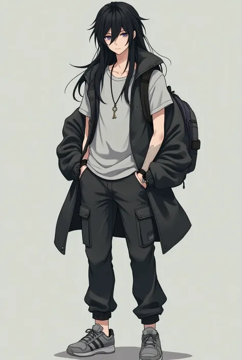 Anime bishounen boy,naturally androgynous face and waist length black hair and is only 165cm but is lean and ripped, short sleeved white shirt with the collar left unbuttoned, above the shirt he wears a gray sweatshirt, above the sweatshirt he wears a dark...