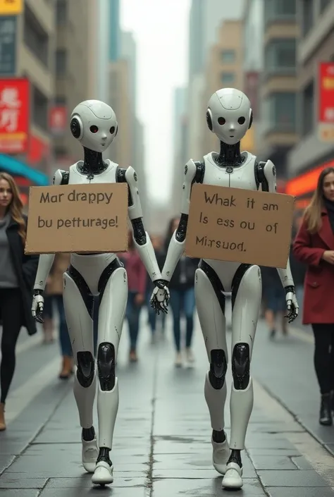 robots looking like human female and walking in street and holding hands each other and other womens are watching them and they holding a cardboard sign inthe cardboard "we need a human men for marriage"