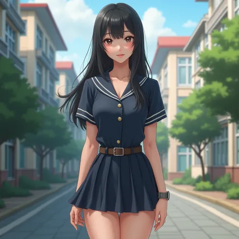 Young woman, 20 years old,  Black Hair , Beautiful Face, Asian Style,  white skin, Small breasts,Narrow waist,watch,tight short-sleeved school uniform wearing a belt,  super mini skirt ,Exposing legs, Back of the school,  Realistic Style  

