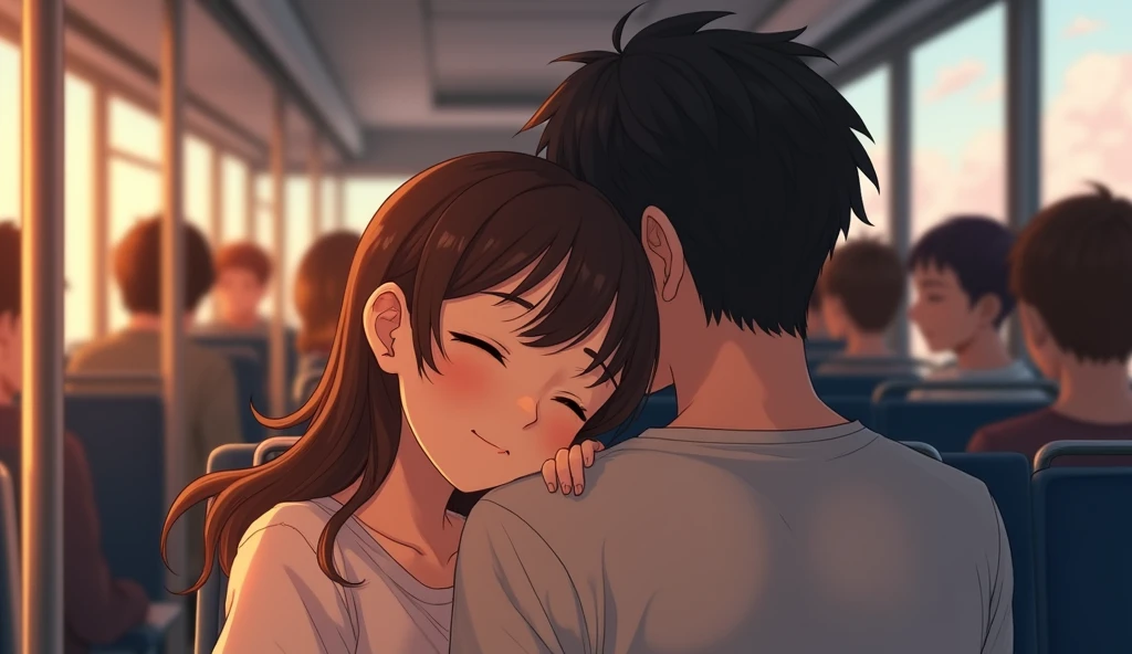  a girl snuggles up to a boy sleeping on his shouldern t on a bus ， standing next to a pole ，Sleeping on him 。Generate image, Anime style, were inspired by the song "" IU and Suga 。 The protagonist is standing with his back to the camera Close-up 。