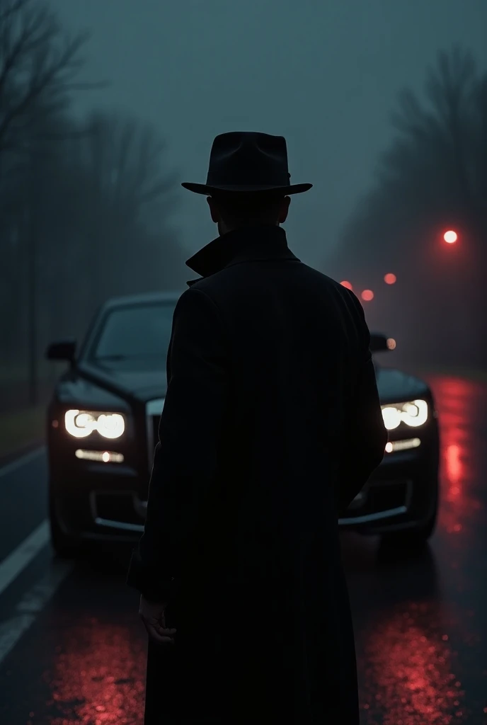 Shadow of A man with a coat and a hat in front of a rolls Royce car in a rainy atmosphere with red effect in a highway 

