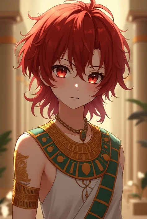 Anime boy, young teenager aged 16, beautiful face, red medium-length hair, red eyes, white skin, gold bracelet, Egyptian gold necklace, traditional ancient Egyptian dress.