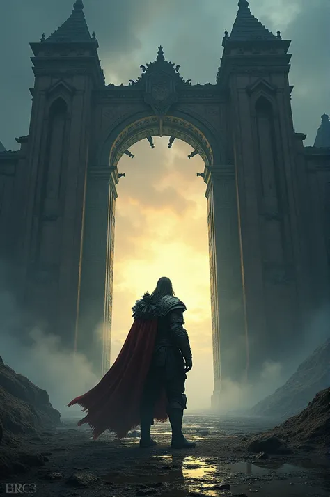 "A determined warrior standing before a monumental gate, ready to enter a new world, dark and mystical setting, glowing light emanating from the gate, sense of anticipation and courage"