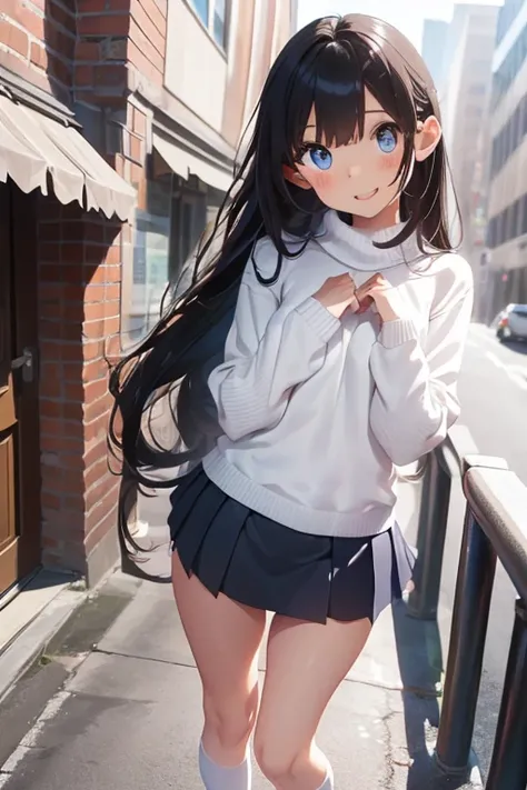 (Best Quality)), ((masterpiece)), (detailed),nsfw1.9, ((Full Body Shot 1.5, view from below))， a beautiful 19-year-old woman in a city lined with buildings， smiling with their mouths open，The look of temptation， very sexy ，(((White knitted sweater, wearing...