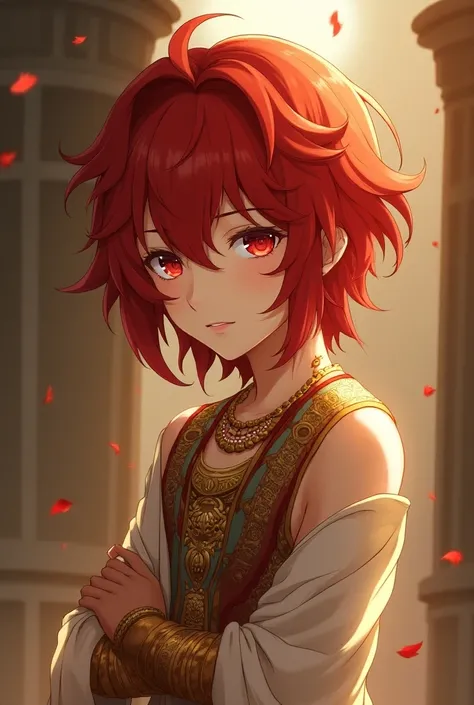 Anime boy, young teenager aged 16, beautiful face, red medium-length hair, red eyes, white skin, gold bracelet, Egyptian gold necklace, traditional ancient Egyptian dress.