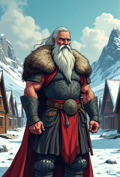  American Comics style image , King Ipis ,  is an older Viking ,  long white haired , muscular, bottom:  Greenland Settlements 