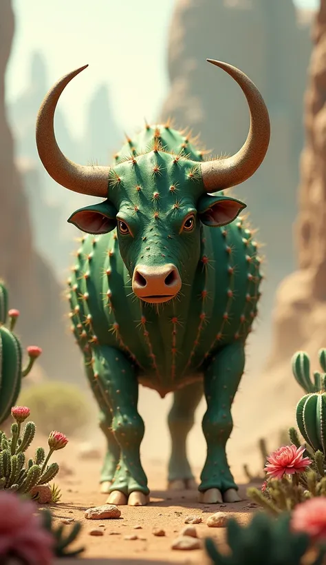 "Image is a digital artwork featuring a stylized, mythical bull composed entirely of cactus elements. The bull stands in a powerful, dynamic pose, with its body covered in intricately detailed cactus pads and spines, giving it a surreal and magical appeara...