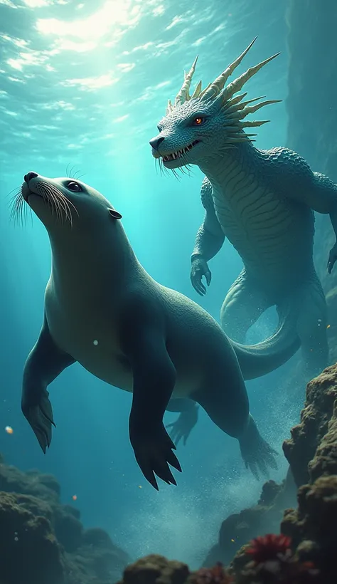 Show the sea lion and the water dragon in two figures 9.16÷2 (show the two animals in two separate parts) similar to natural appearance.  as moving forward