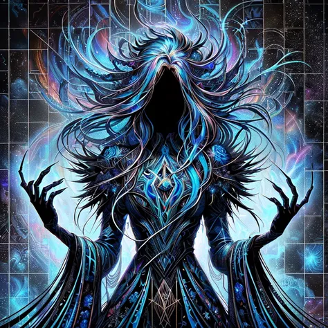 a black and blue poster with a woman in a dark dress, fractal thunder dan mumford, ( ( ( ( ( dan mumford ) ) ) ) ), dan mumford ...