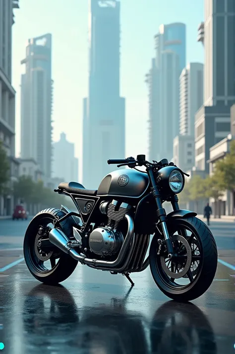 A sleek, futuristic Royal Enfield motorcycle, seamlessly blending classic design elements with cutting-edge technology. It should have a minimalist aesthetic, with clean lines and a metallic, almost holographic finish. The bike should be equipped with adva...