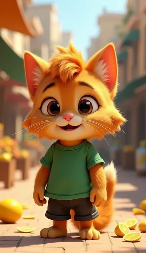 Bazaar mein nimbu bechkar usne kuch paise in hand par add karo kama liye:   A cute 3D pixar style cat cub


Appearance: Large, fluffy mane; expressive 👀 


Expression: scared, happy 


Clothing:     green t-shirt and black shorts


Pose/Action: seller styl...