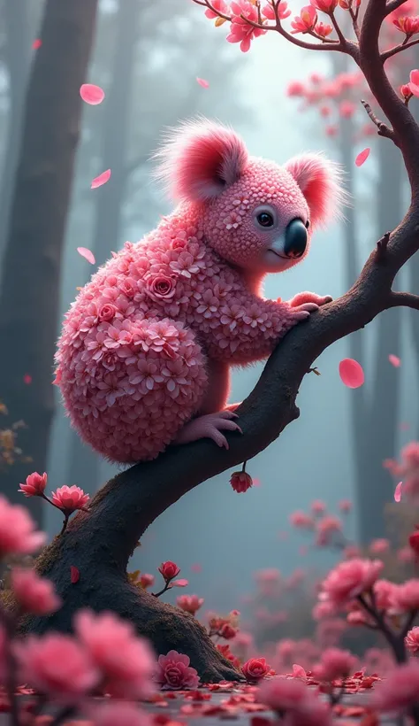 "Image is a digital artwork featuring a stylized, mythical koala composed entirely of camellia flowers. The koala is perched on a twisted tree branch in a dynamic pose, with its body covered in intricately detailed camellia petals and leaves in various sha...