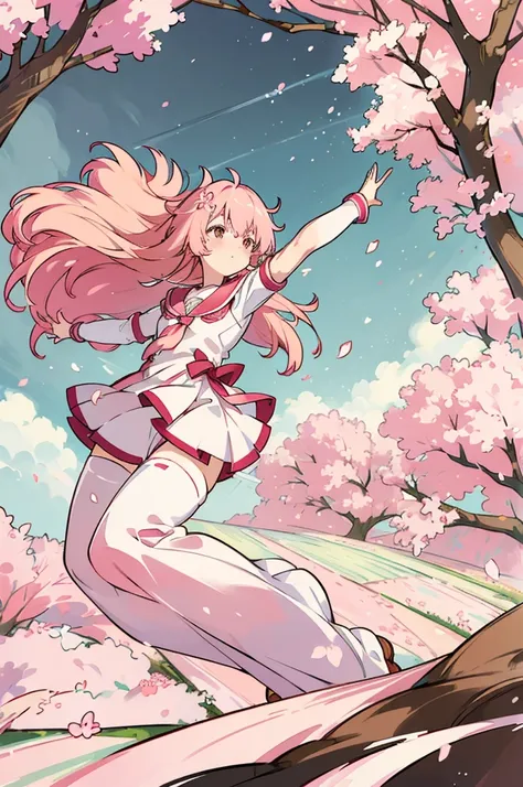 (sakura,cherry blossoms,forests,flower bed) (outstretched arms,flying) (20yo,long hair,wind,pink hair, brown eyes)(medium chest) kawaii, light atmosphere, cel anime, hard-edged, slender, beautiful breasts, sailor uniform