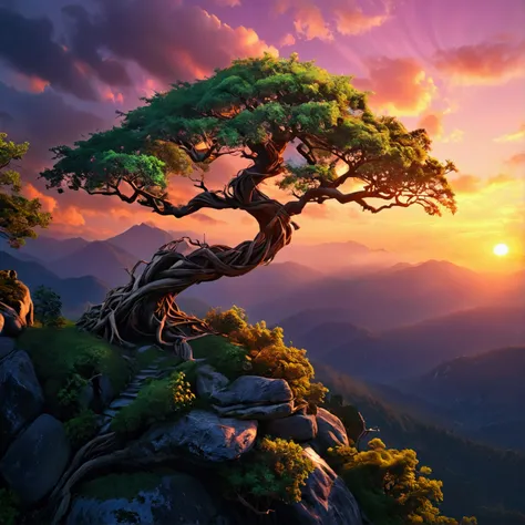 Masterpiece, Award Winning, UHD, Design a wild bonsi tree set a top of a mountain at night, using color to symbolize relaxation and paradise, highlighting the tranquility of a zen environment. 4k, twisty trunk and branches