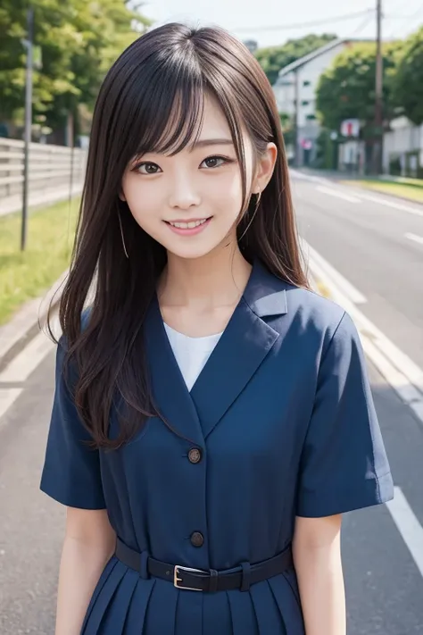 High quality masterpiece, 8k, , Japanese Girls, RAW Photos,    absurd, Winner portrait smile face, 笑face, Alone, uniform, Summer Clothes Idol&#39;face, violet, Gardenia, Delicate girl,  Long Black Hair , Dark Eyes, Upper body digital SLR,       Observe the...