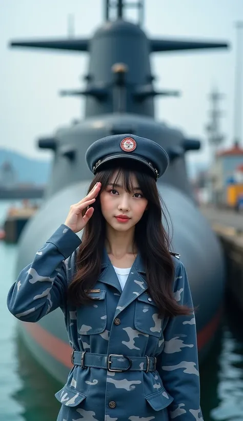 Documentary Photography, Like the picture,  super real, (  very beautiful Japanese girl  ,  Her beautiful face looks like a famous Japanese idol:1.3), (Super cute face like an idol), (Japanese Navy submarine crew), Shes wearing a blue-gray camouflage subma...