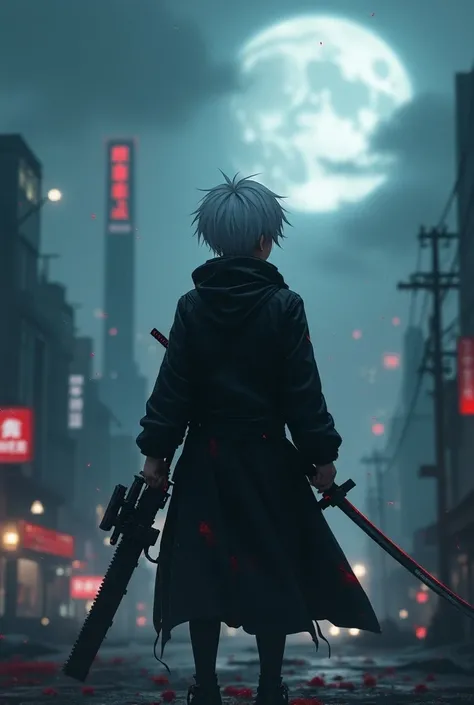 1 boy,(a  boy:1.5)、Anime Style Protagonist、cyberpunk boy、black colored clothes、silber hair、katanas,machine gun、Full Body Bloody、Top View Composition、The Beginning of Adventure、Many clouds,Thick fog、Mond,chaotic City of the Future、dystopisch、Dim the light、c...