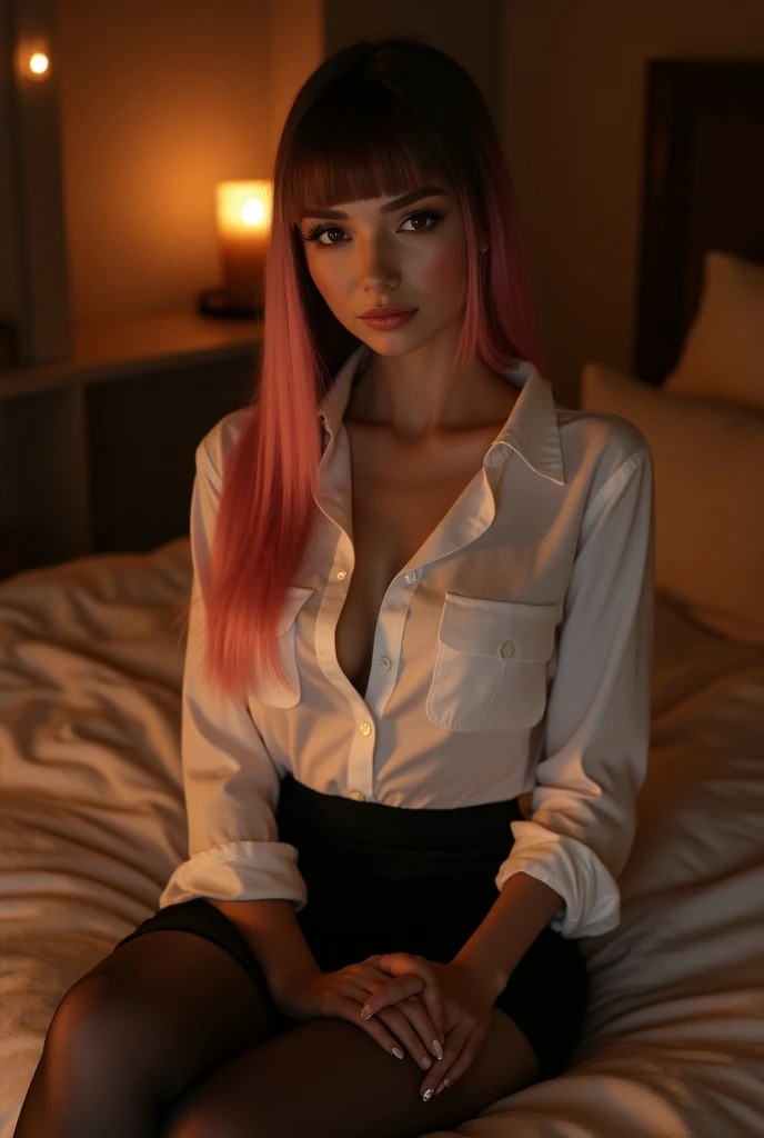 photorealistic, gorgeous Israeli female, white button-down blouse and black skirt, stockings, crossing thighs, hourglass body, dark brown eyes, straight hair with pink highlights, bangs, eyeliner, busty, warm expression, indoors, cozy bedroom at night, ill...