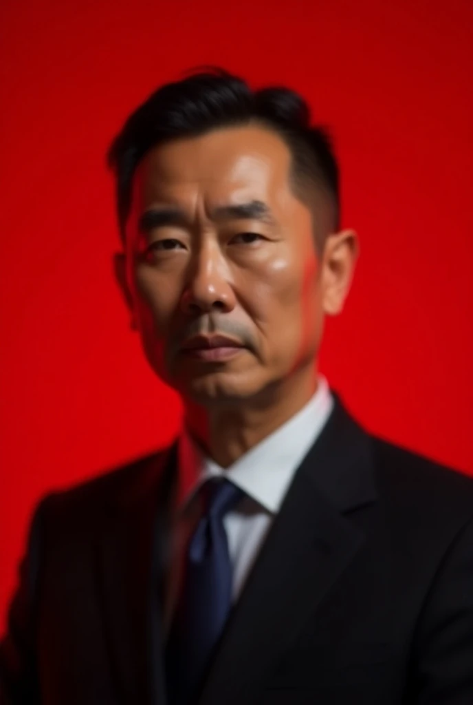 Middle aged asian man with short black hair wearing red background formal suit