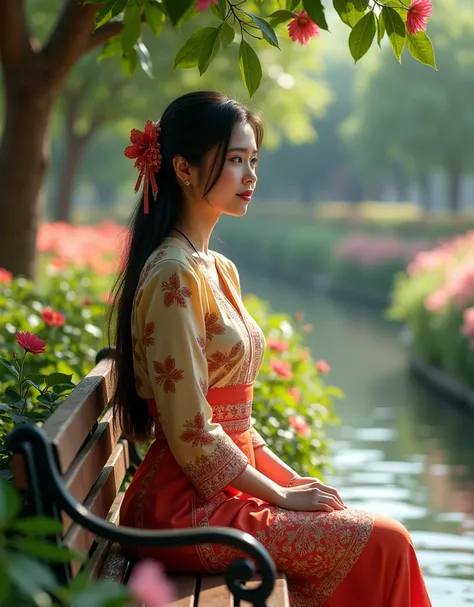  A young Indonesian woman aged 25. sitting on a park bench . Wearing a kebaya shirt and skirt. Nearby there is a small flowing river .  flower garden around it .