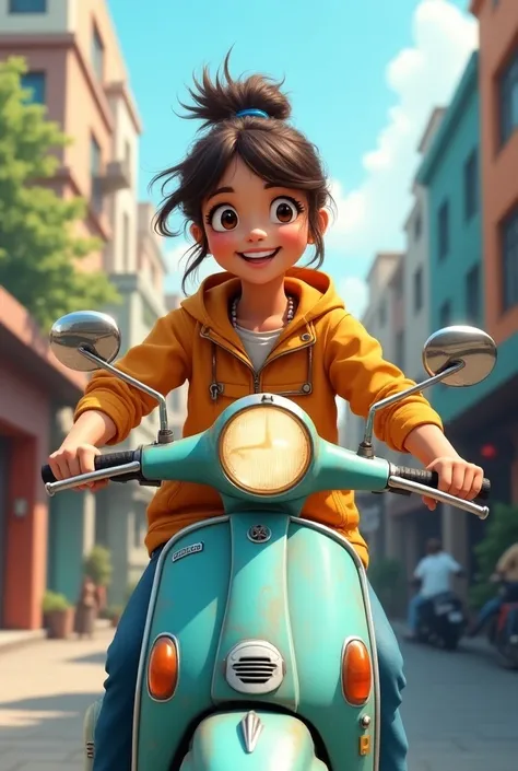 A beautul smiley girl riding a scooter,her profession is MR
