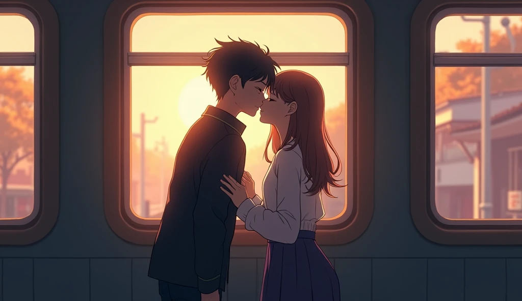  boy outside window  &  Kissing girl ， hands hanging out of train station window  。Generate image, Anime style, were inspired by the song "" IU and Suga 。 The protagonist is standing with his back to the camera Close-up 。