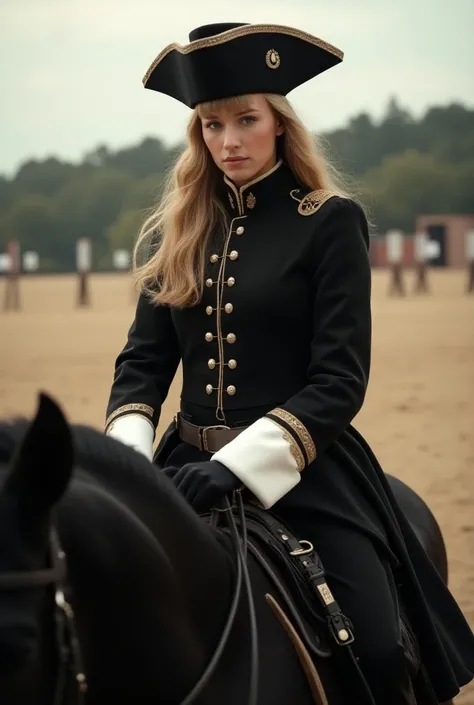 A young woman with long, blond, curly hair and straight bangs. She wears a black tricorn hat. She is dressed in the clothes of early modern French soldiers. She is sitting on a black horse. Shes on the training ground.